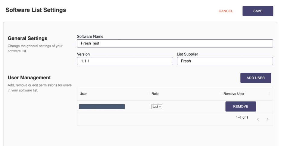 Software list settings with per-project user and role management