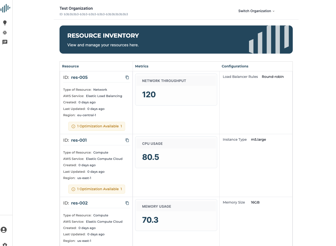 Ressourcen-Inventar in Produktion — Live-Metriken und Konfigurationen je Ressource, mit Optimierungs-Hinweisen