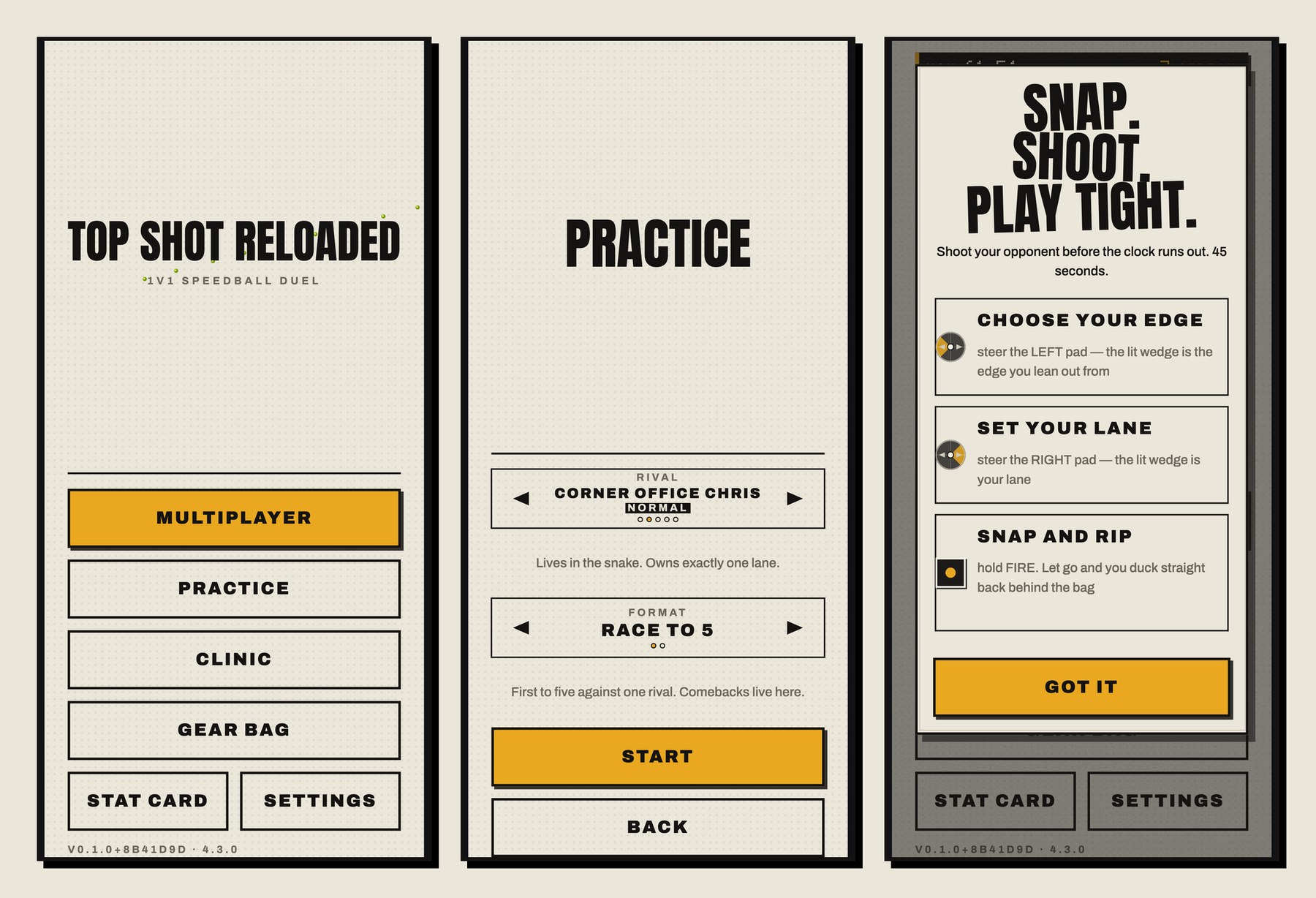 Titelbildschirm, Practice-Setup und Clinic — die ruhige „Paper“-Ebene des Spiels