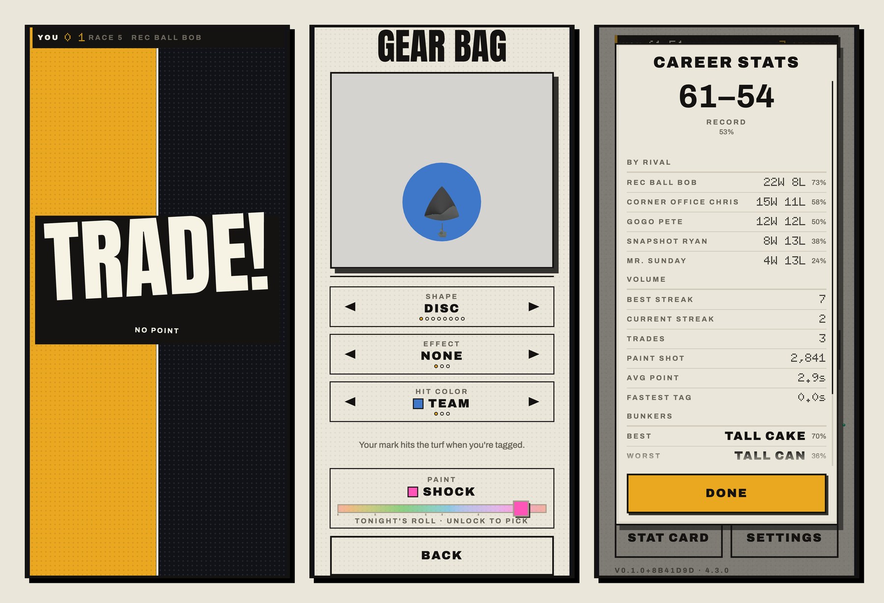 Trade-Verdict, das Gear-Bag-Loadout und die Karriere-Statistikkarte